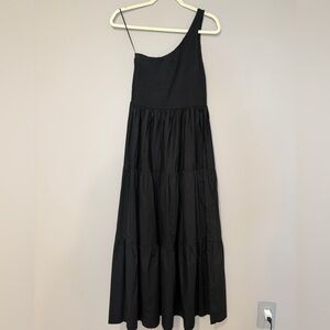 Black One-Shoulder Smocked Cotton Maxi Dress